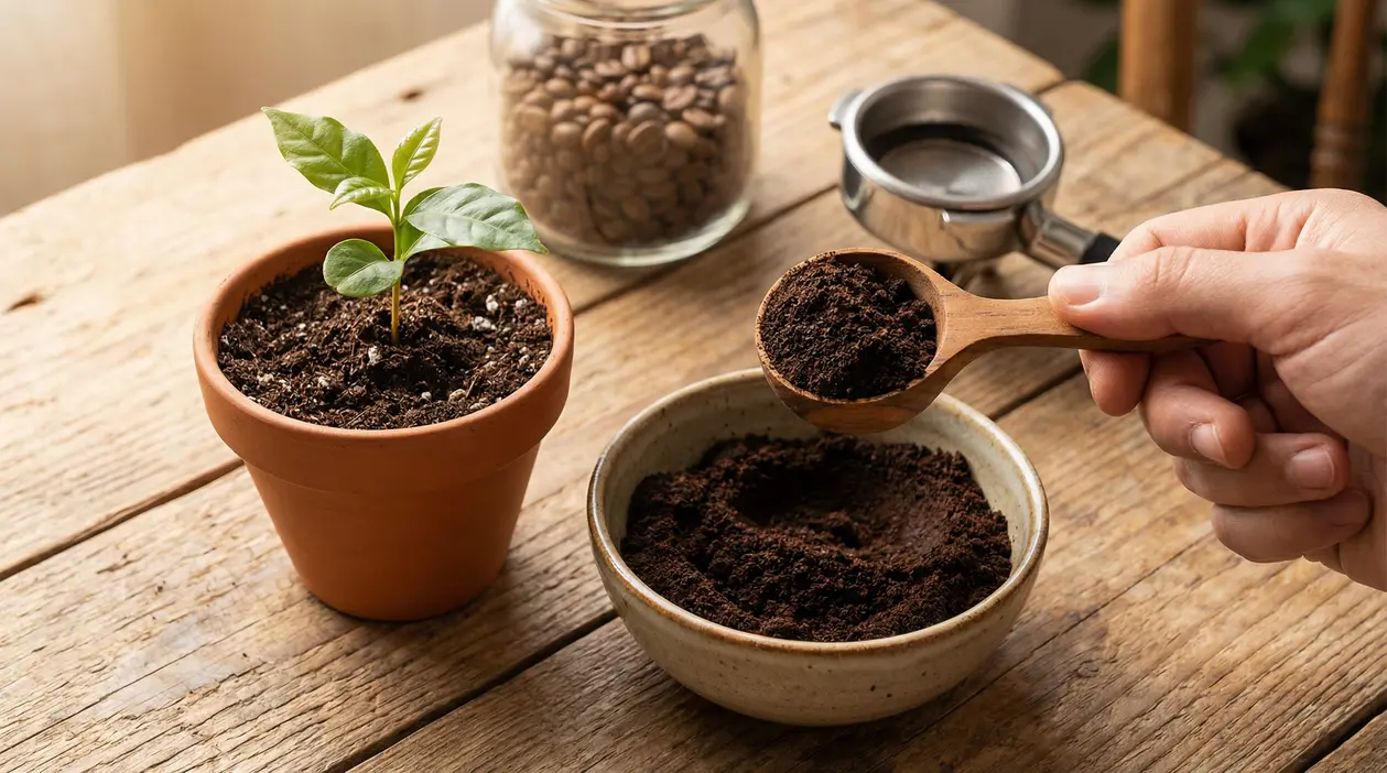 Persona aggiunge fondi di caffè al terriccio di una piantina in vaso su un tavolo di legno