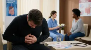 Uomo piegato dal forte dolore addominale in una sala medica, possibile segnale di problema al pancreas