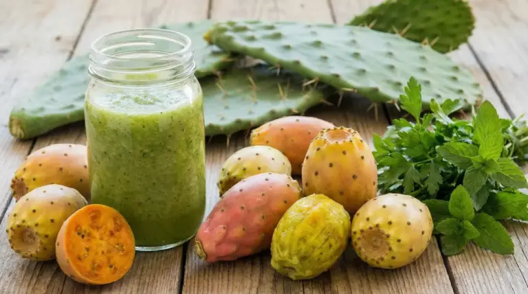 Frullato verde in barattolo con fichi d’india freschi e pale di cactus su tavolo di legno