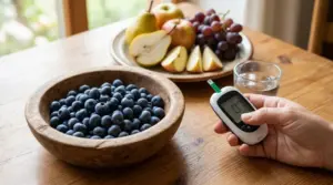 Ciotola di mirtilli su un tavolo accanto a un misuratore della glicemia e altra frutta fresca