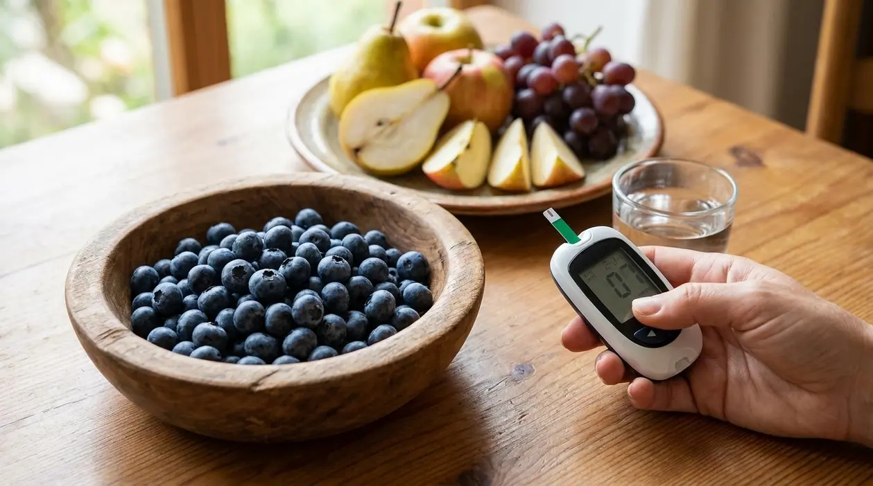 Ciotola di mirtilli su un tavolo accanto a un misuratore della glicemia e altra frutta fresca