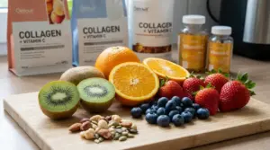 Frutta ricca di vitamina C su un tagliere con kiwi, arance, fragole e mirtilli accanto a integratori di collagene