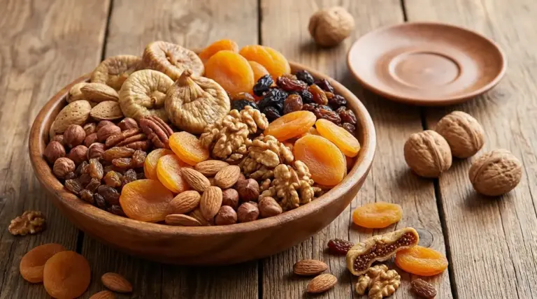 Ciotola di frutta secca e disidratata con noci, mandorle, fichi secchi, albicocche e uvetta su tavolo in legno