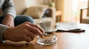 Persona che tiene una sigaretta accesa sopra un posacenere in casa, simbolo del rischio di tumore al pancreas
