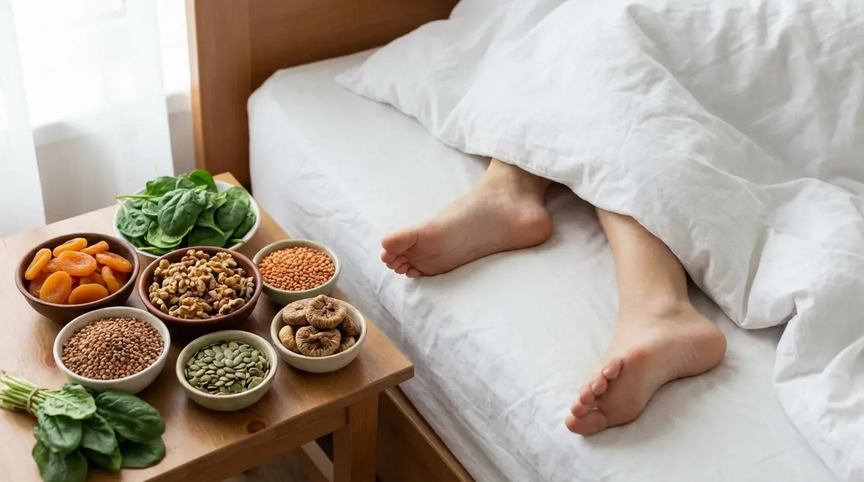 Persona a letto con gambe scoperte accanto a cibi ricchi di nutrienti come spinaci, noci, lenticchie e semi