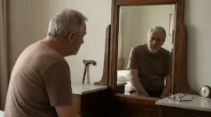 Persona anziana seduta davanti allo specchio in camera, immagine legata alla paura dell’invecchiamento