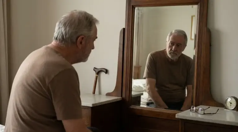 Persona anziana seduta davanti allo specchio in camera, immagine legata alla paura dell’invecchiamento