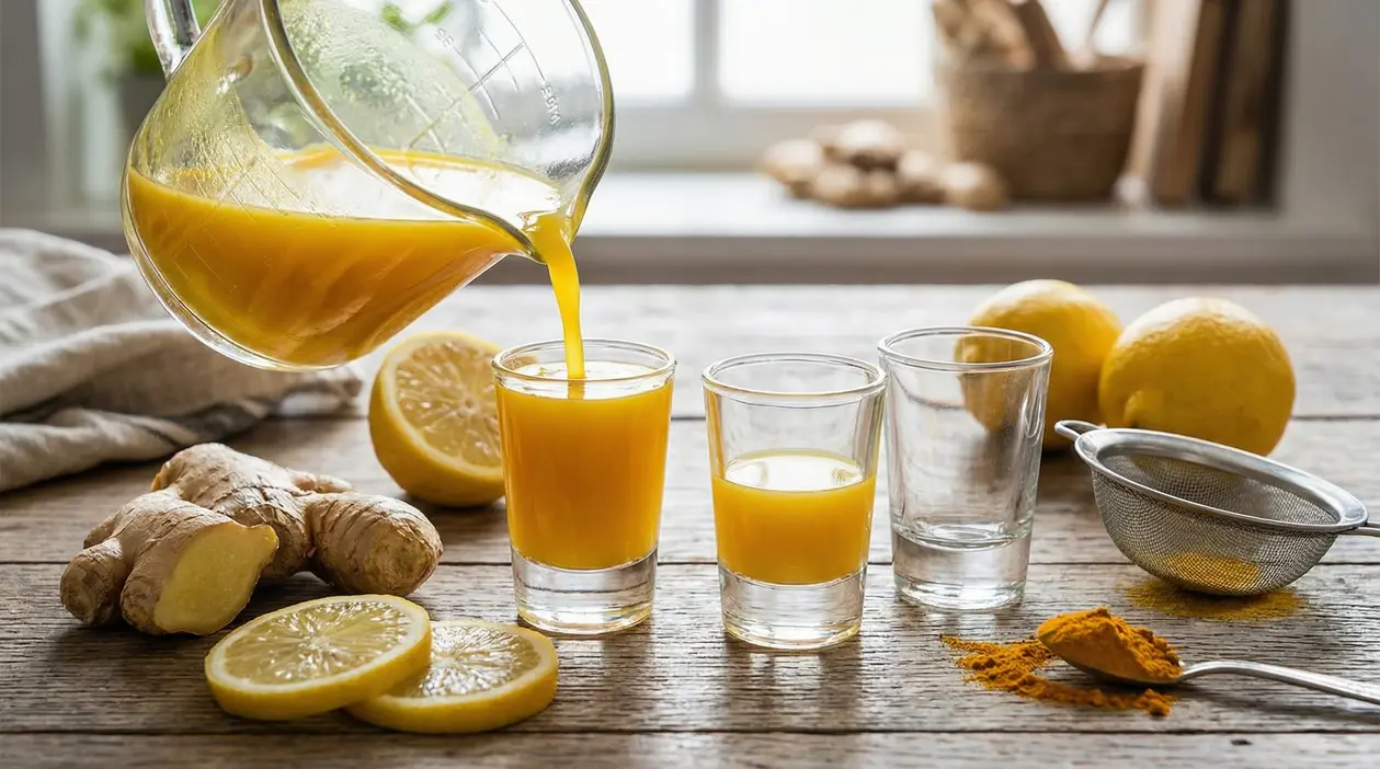 Succo per ginger shot versato in piccoli bicchieri, con zenzero fresco, limoni e un colino su un tavolo di legno