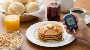 Colazione dolce con pancake, succo e cereali mentre una persona mostra un glucometro con glicemia alta