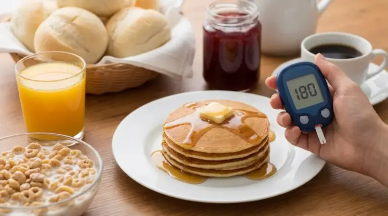 Colazione dolce con pancake, succo e cereali mentre una persona mostra un glucometro con glicemia alta