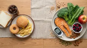 Confronto tra fast food e alimenti salutari con glucometro, utile per parlare di glicemia alta