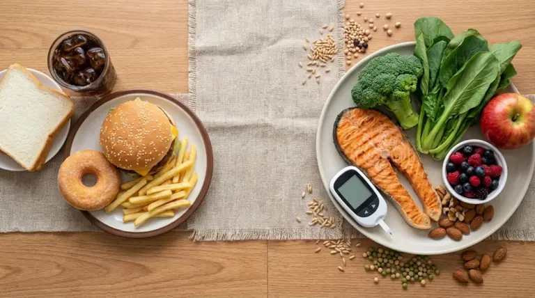 Confronto tra fast food e alimenti salutari con glucometro, utile per parlare di glicemia alta