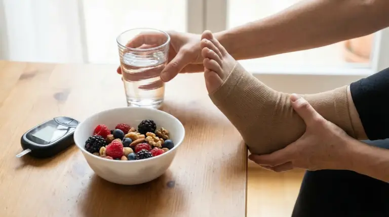 Persona con piede fasciato accanto a glucometro, acqua e frutta secca, simbolo dei sintomi del diabete