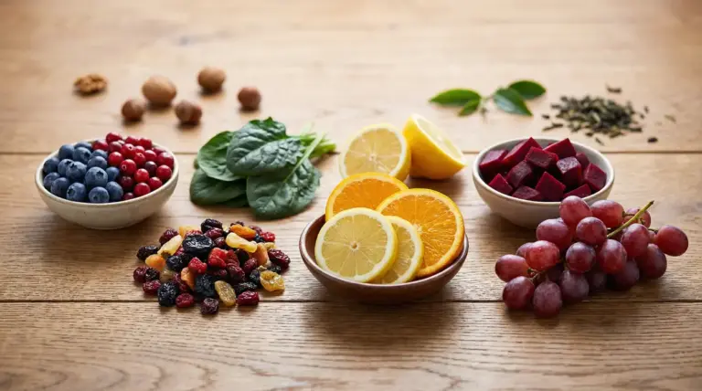 Selezione di alimenti ricchi di antiossidanti naturali con frutti di bosco, agrumi, spinaci, barbabietola e uva
