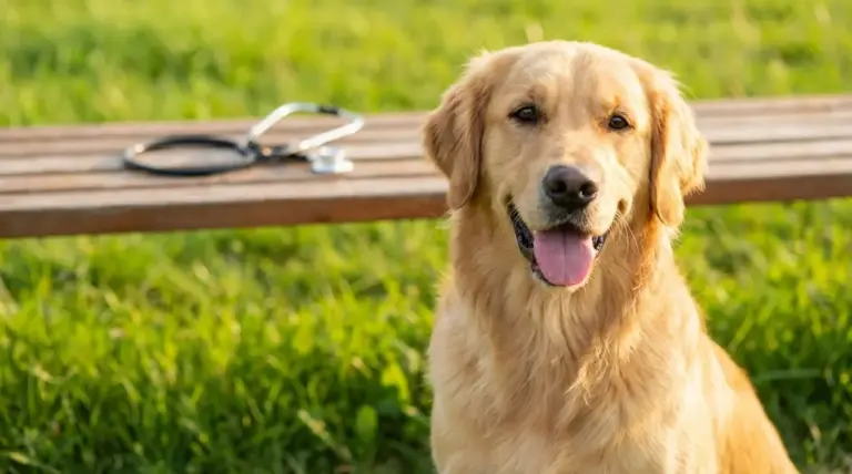 Golden retriever seduto sull’erba con espressione rilassata accanto a uno stetoscopio su una panchina