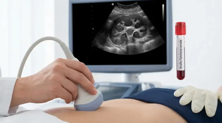 Ecografia renale su paziente con immagine del rene sul monitor e campione per analisi della funzione renale