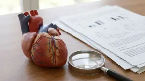 Modello anatomico di cuore con lente d’ingrandimento e referti medici su un tavolo