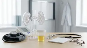 Modello anatomico dei reni con campione di urina e strumenti medici su scrivania per valutare la funzionalità renale