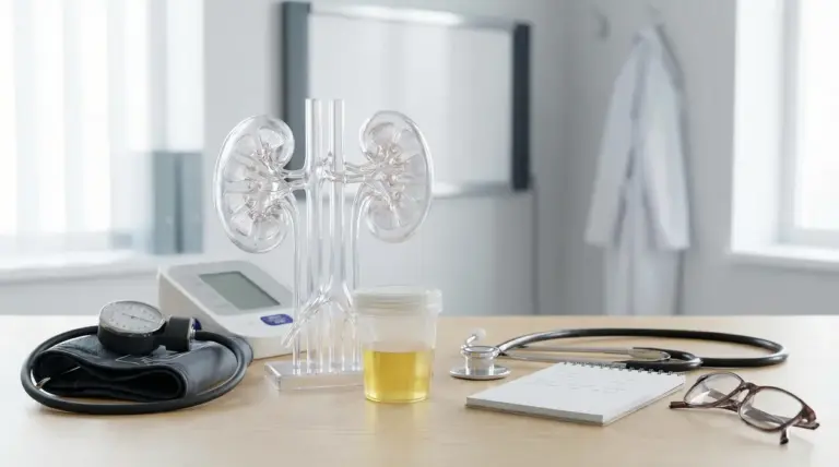 Modello anatomico dei reni con campione di urina e strumenti medici su scrivania per valutare la funzionalità renale