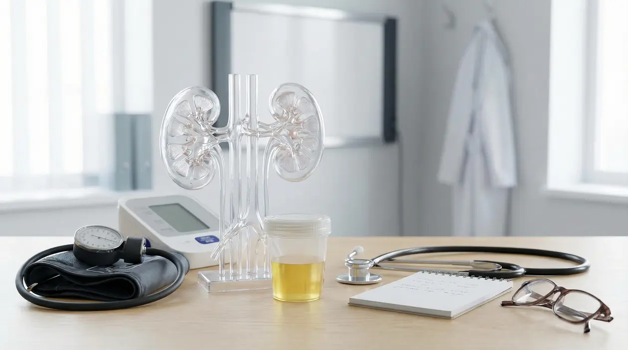 Modello anatomico dei reni con campione di urina e strumenti medici su scrivania per valutare la funzionalità renale