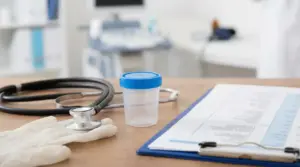 Contenitore per campione di urina con stetoscopio e cartella clinica su un tavolo in ambulatorio