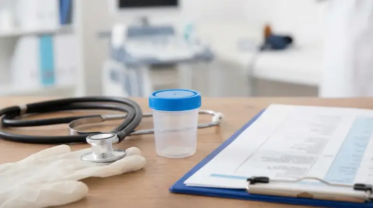 Contenitore per campione di urina con stetoscopio e cartella clinica su un tavolo in ambulatorio