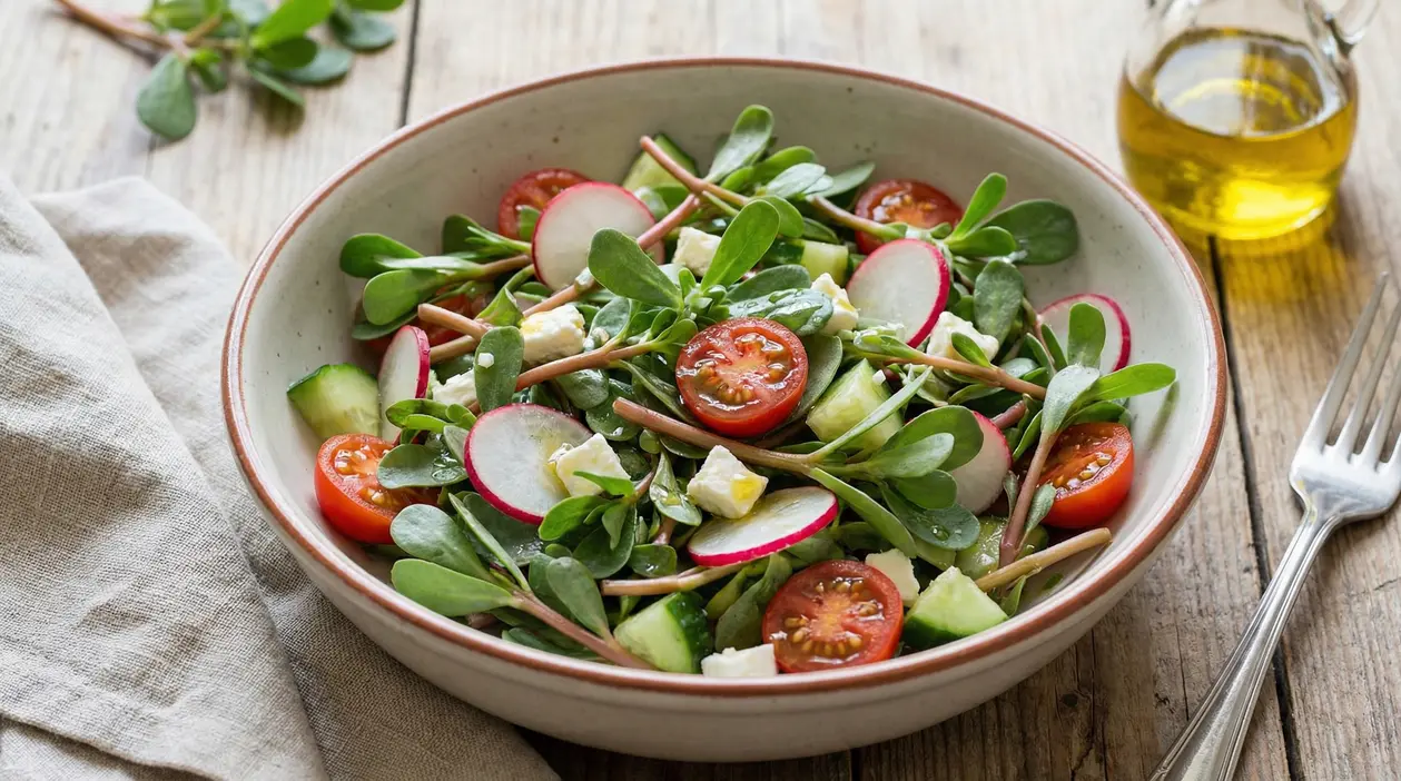 Insalata di portulaca con ravanelli, pomodorini, cetriolo e formaggio in una ciotola