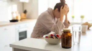 Persona affaticata in cucina con integratore, acqua e ciotola di cereali per la stanchezza cronica