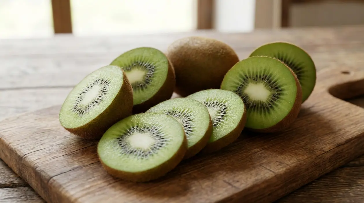 Kiwi interi e tagliati a fette su un tagliere di legno, simbolo di frutto sano e ricco di vitamine
