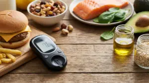 Confronto tra hamburger con patatine e alimenti come salmone, avocado, avena e olio in relazione al colesterolo