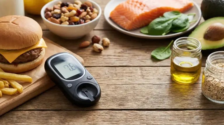 Confronto tra hamburger con patatine e alimenti come salmone, avocado, avena e olio in relazione al colesterolo