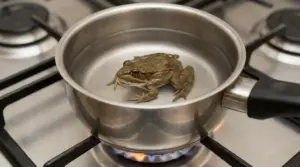 Rana in una pentola d’acqua su un fornello acceso, simbolo della sindrome della rana bollita