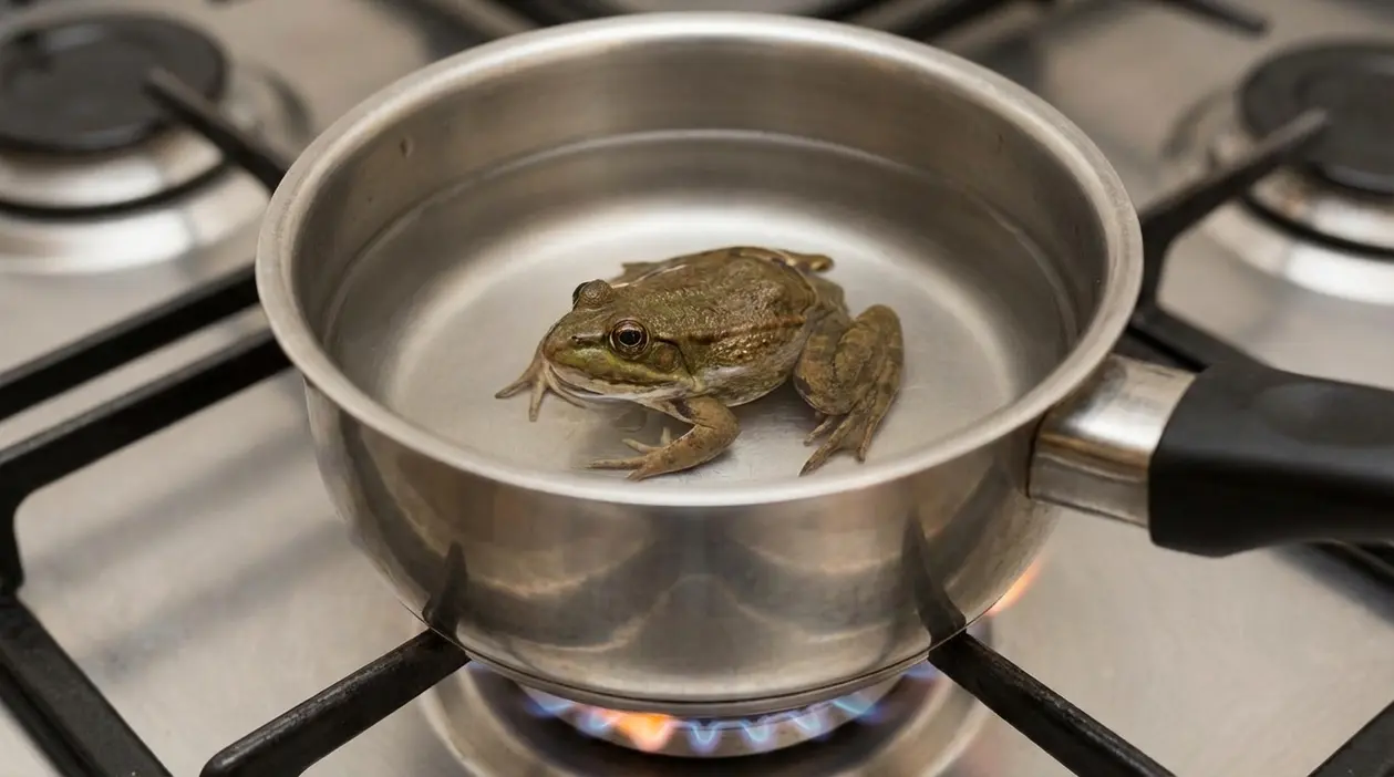Rana in una pentola d’acqua su un fornello acceso, simbolo della sindrome della rana bollita