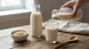 Latte di avena versato in un bicchiere su un tavolo di legno, con fiocchi d’avena e bottiglie di vetro