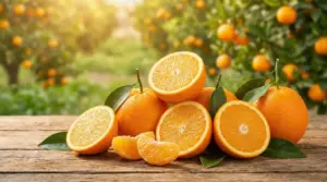 Arance intere e tagliate a metà con foglie su tavolo di legno, con agrumeto sullo sfondo