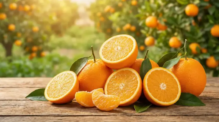 Arance intere e tagliate a metà con foglie su tavolo di legno, con agrumeto sullo sfondo