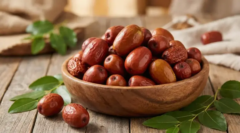 Ciotola di giuggiole mature su tavolo di legno con foglie verdi