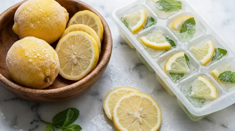 Limoni interi e a fette con brina, accanto a vaschetta per cubetti di ghiaccio con spicchi di limone e menta