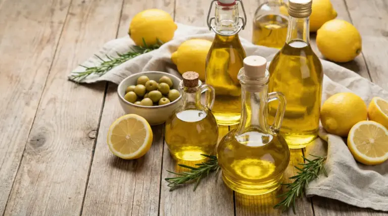 Bottiglie di olio di oliva con limoni freschi su tavolo rustico