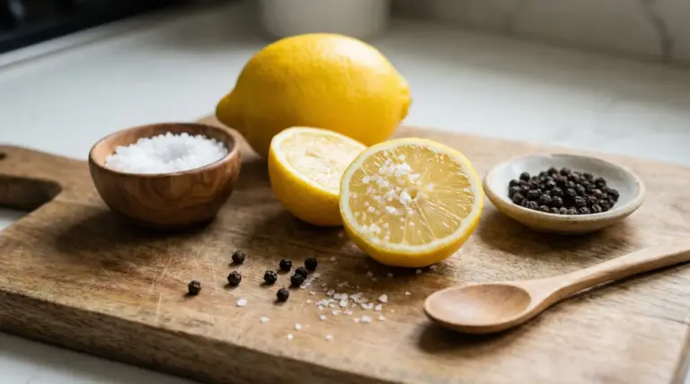 Limone tagliato con sale grosso e pepe nero su tagliere di legno, con ciotole e cucchiaio