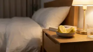 Limone tagliato in una ciotola sul comodino accanto a una lampada, in una camera da letto
