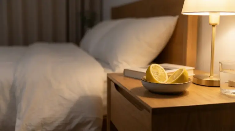 Limone tagliato in una ciotola sul comodino accanto a una lampada, in una camera da letto