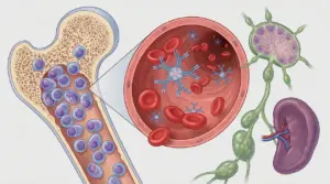 Illustrazione medica di midollo osseo, sangue e sistema linfatico nella macroglobulinemia di Waldenström
