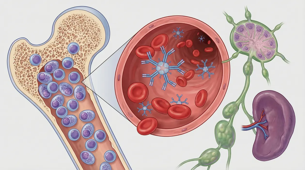 Illustrazione medica di midollo osseo, sangue e sistema linfatico nella macroglobulinemia di Waldenström