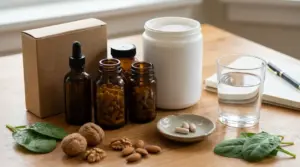 Integratori di magnesio con capsule, acqua, spinaci e frutta secca su un tavolo