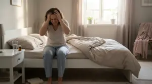 Donna seduta sul letto si tiene la testa al risveglio, con mal di testa mattutino in camera da letto