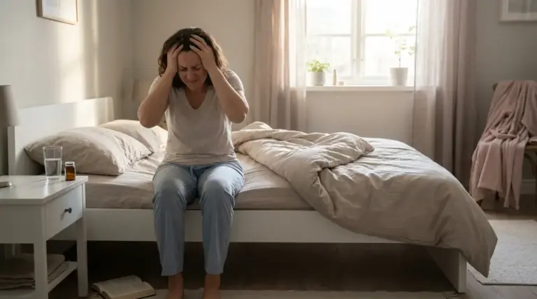 Donna seduta sul letto si tiene la testa al risveglio, con mal di testa mattutino in camera da letto