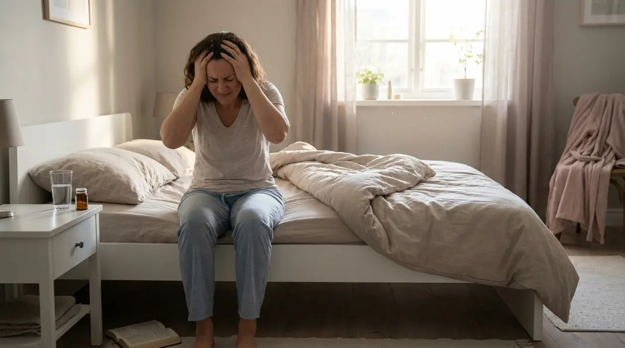 Donna seduta sul letto si tiene la testa al risveglio, con mal di testa mattutino in camera da letto