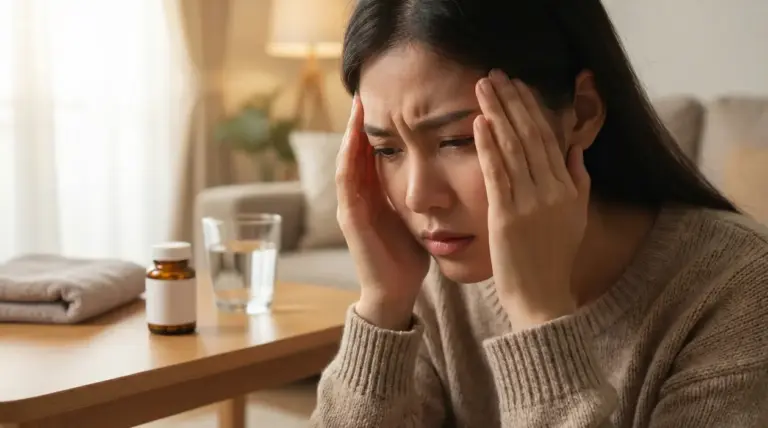 Donna con le mani alle tempie in casa, con bicchiere d’acqua e flacone, mentre soffre di mal di testa
