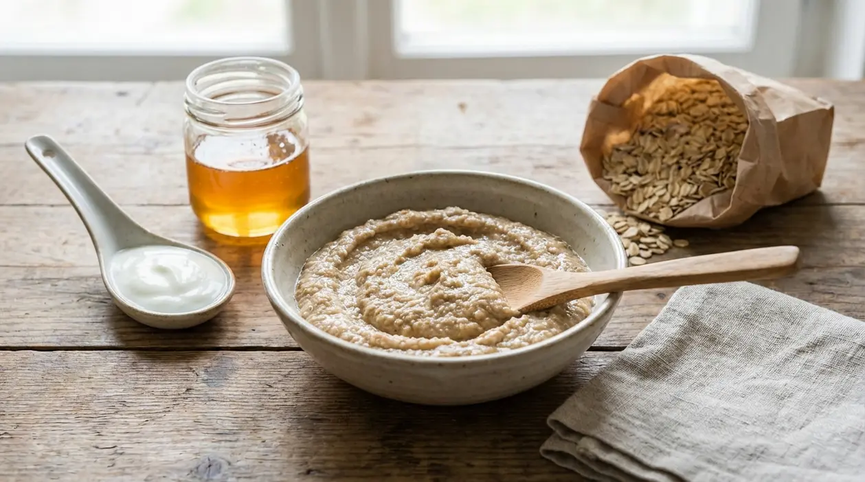Ciotola con maschera viso fai-da-te a base di avena, miele e yogurt su tavolo di legno